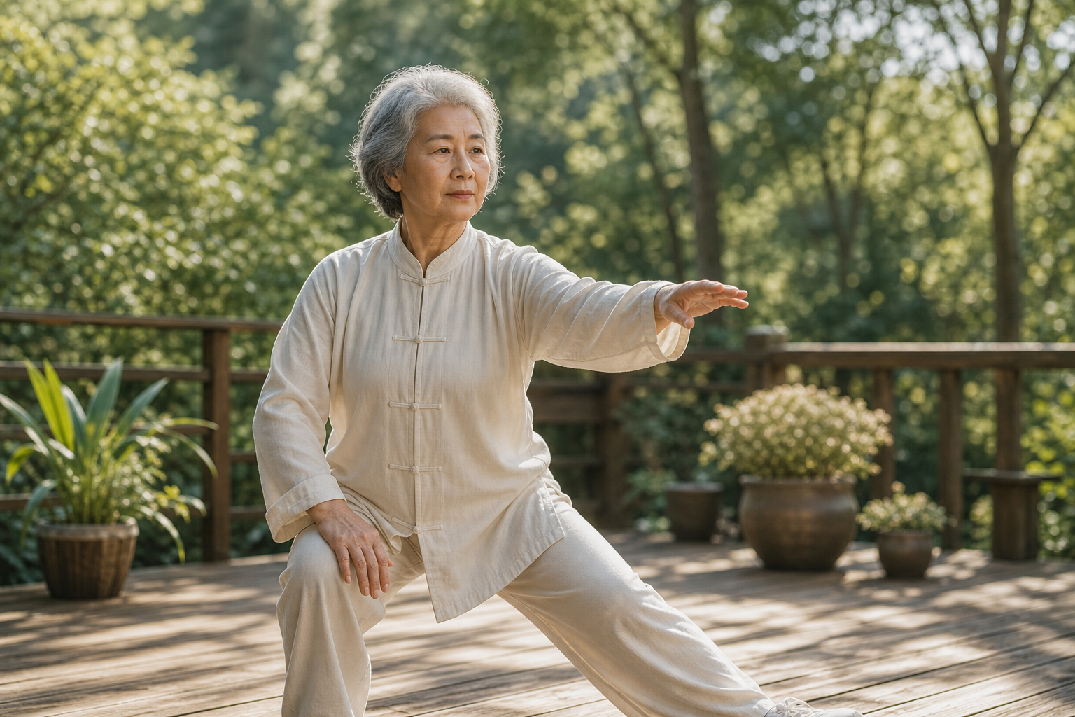 Elderly woman's hands and knees in tai chi pose showing joint support