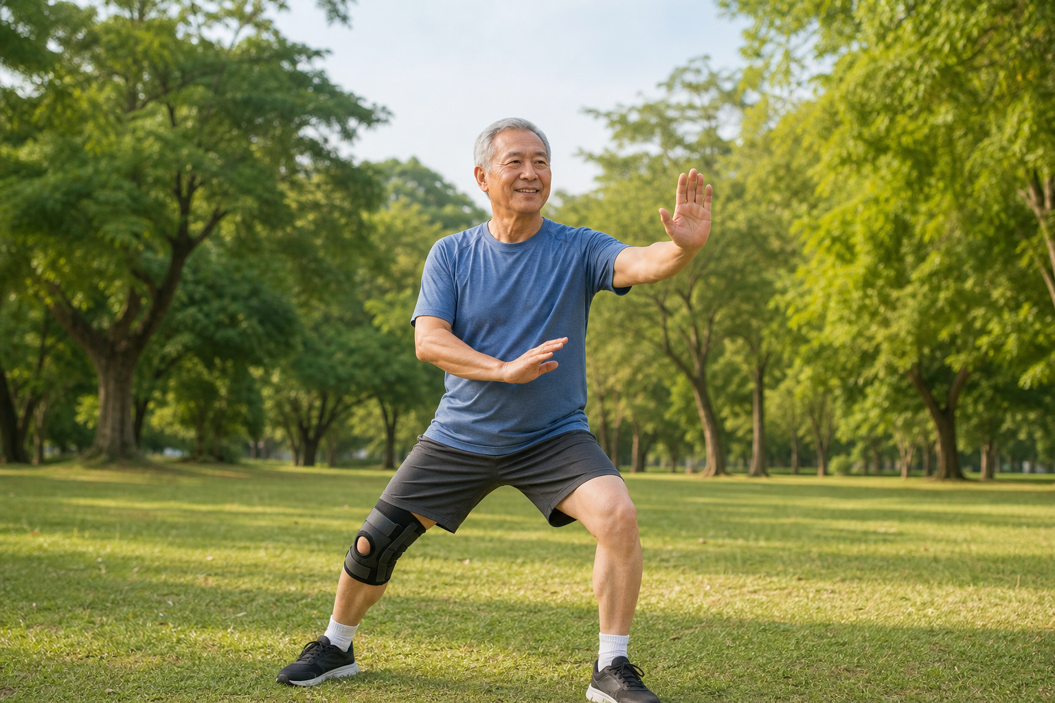 Senior man doing tai chi outdoors with a knee brace, promoting joint health
