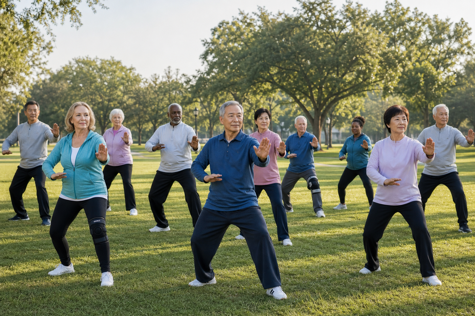 Tai chi class of older adults practicing in park for arthritis and balance
