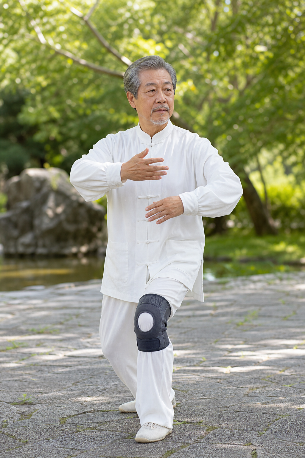 Close-up of hands and knees doing tai chi for arthritis with visible brace
