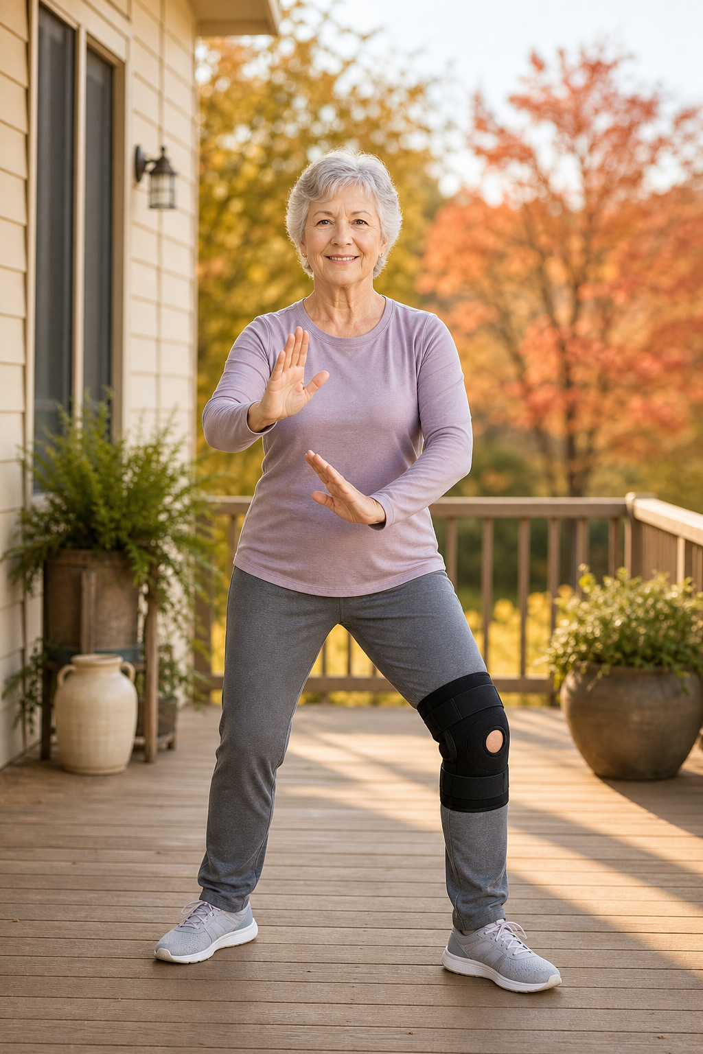 Older woman practicing tai chi with knee support for joint health at home