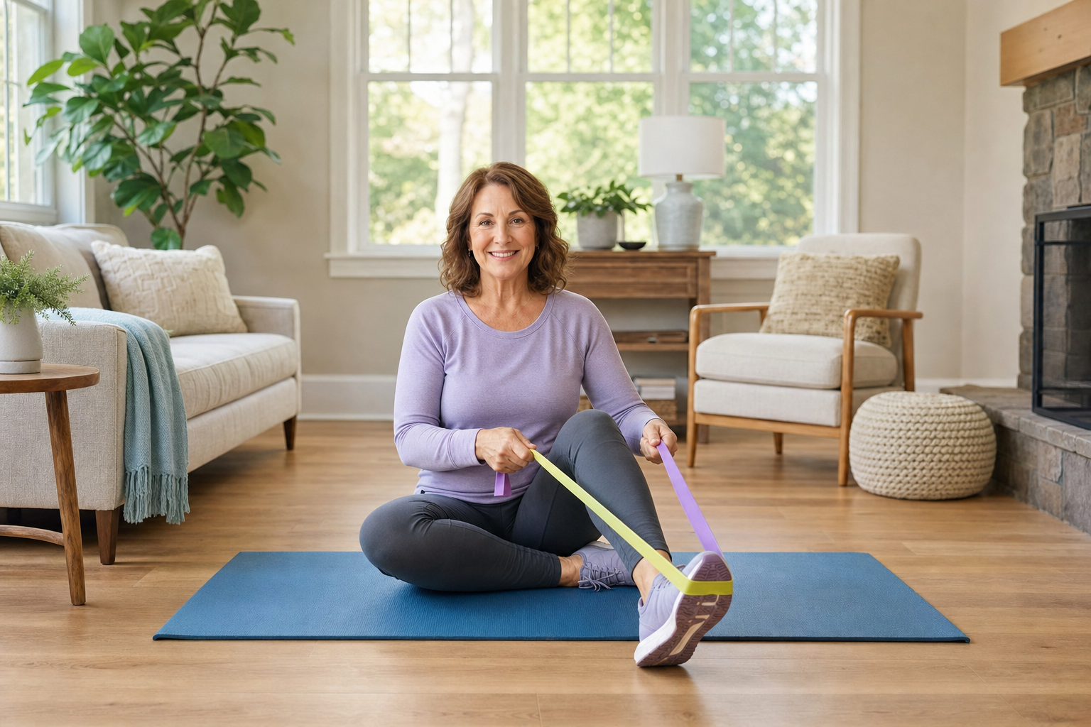 Middle-aged woman with arthritic knees holding a resistance band on a yoga mat at home.