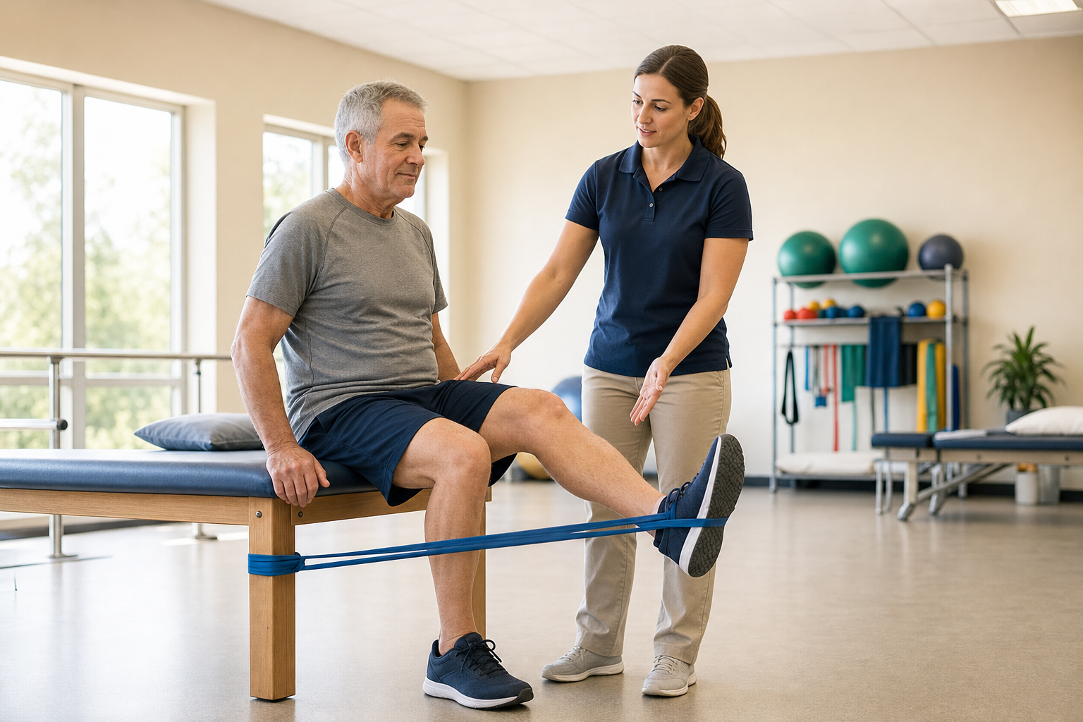 Physical therapist helping older man do resistance band knee extension for arthritis.