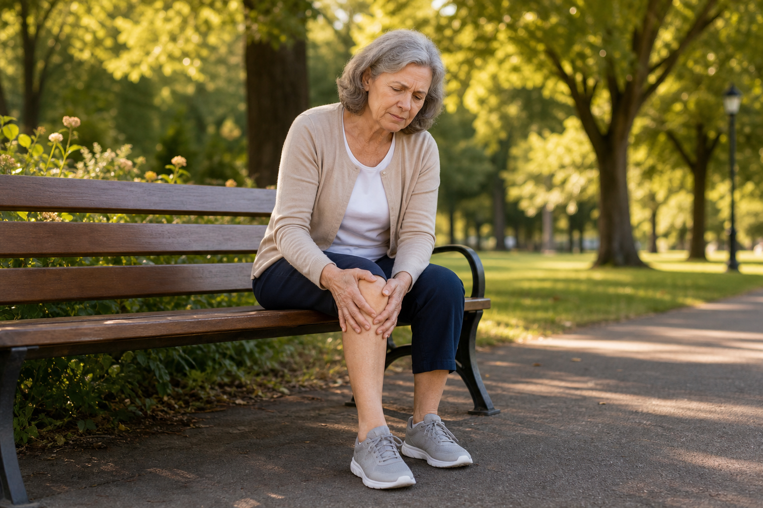 Older woman sitting on a bench massaging her knee with a concerned expression