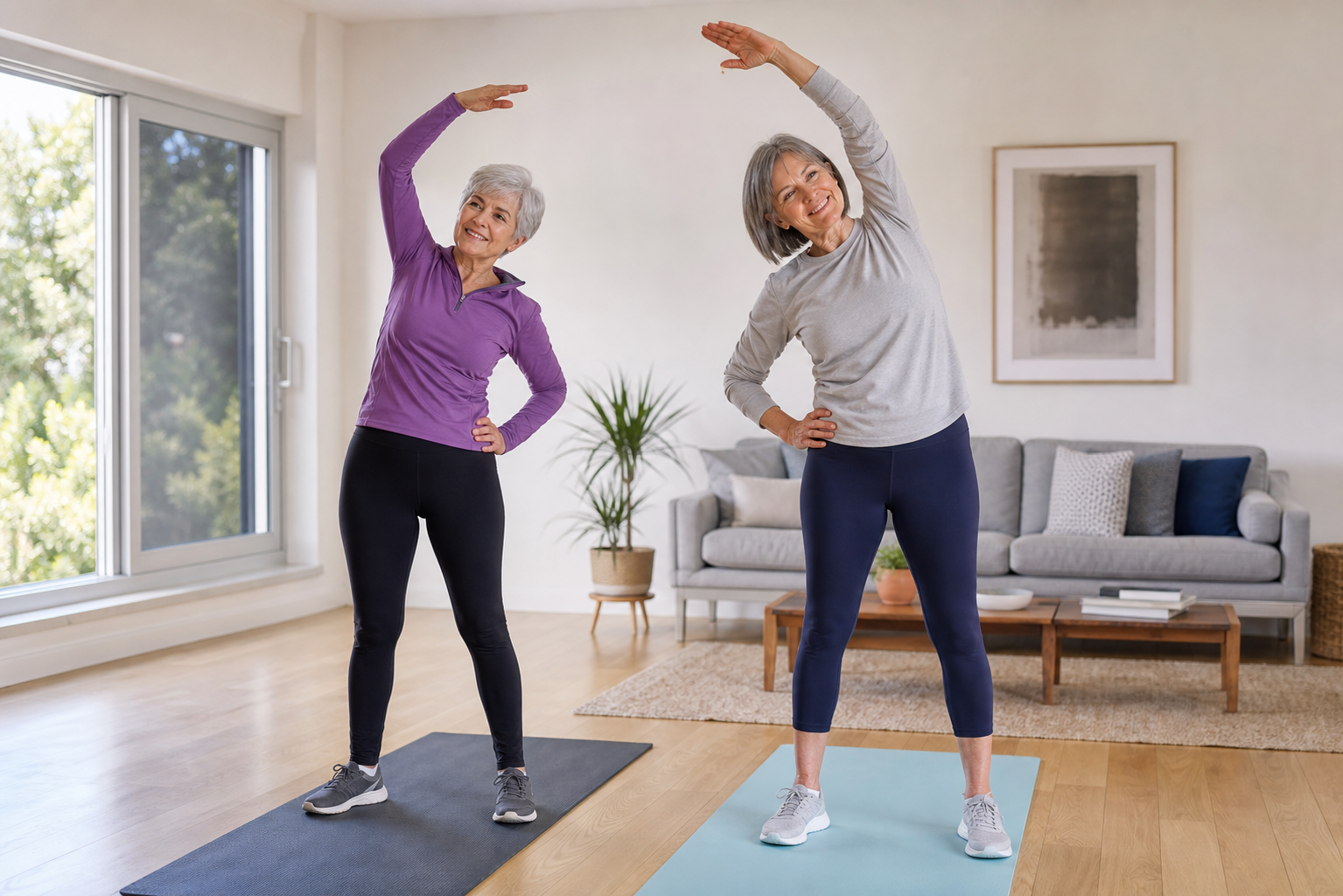 Older women stretching together in a bright living room