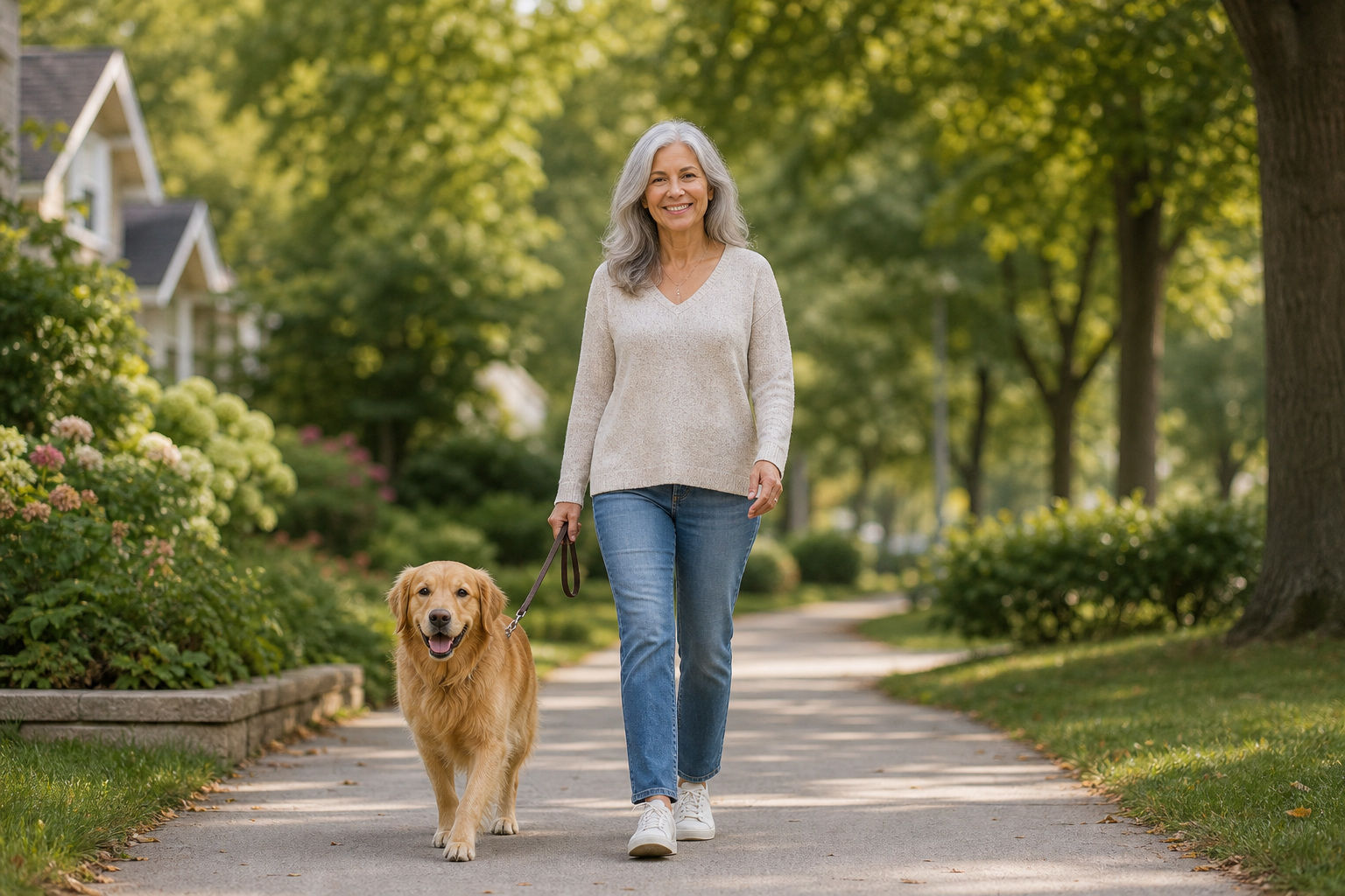 Smiling senior woman walking her dog on a leafy path, appearing at ease