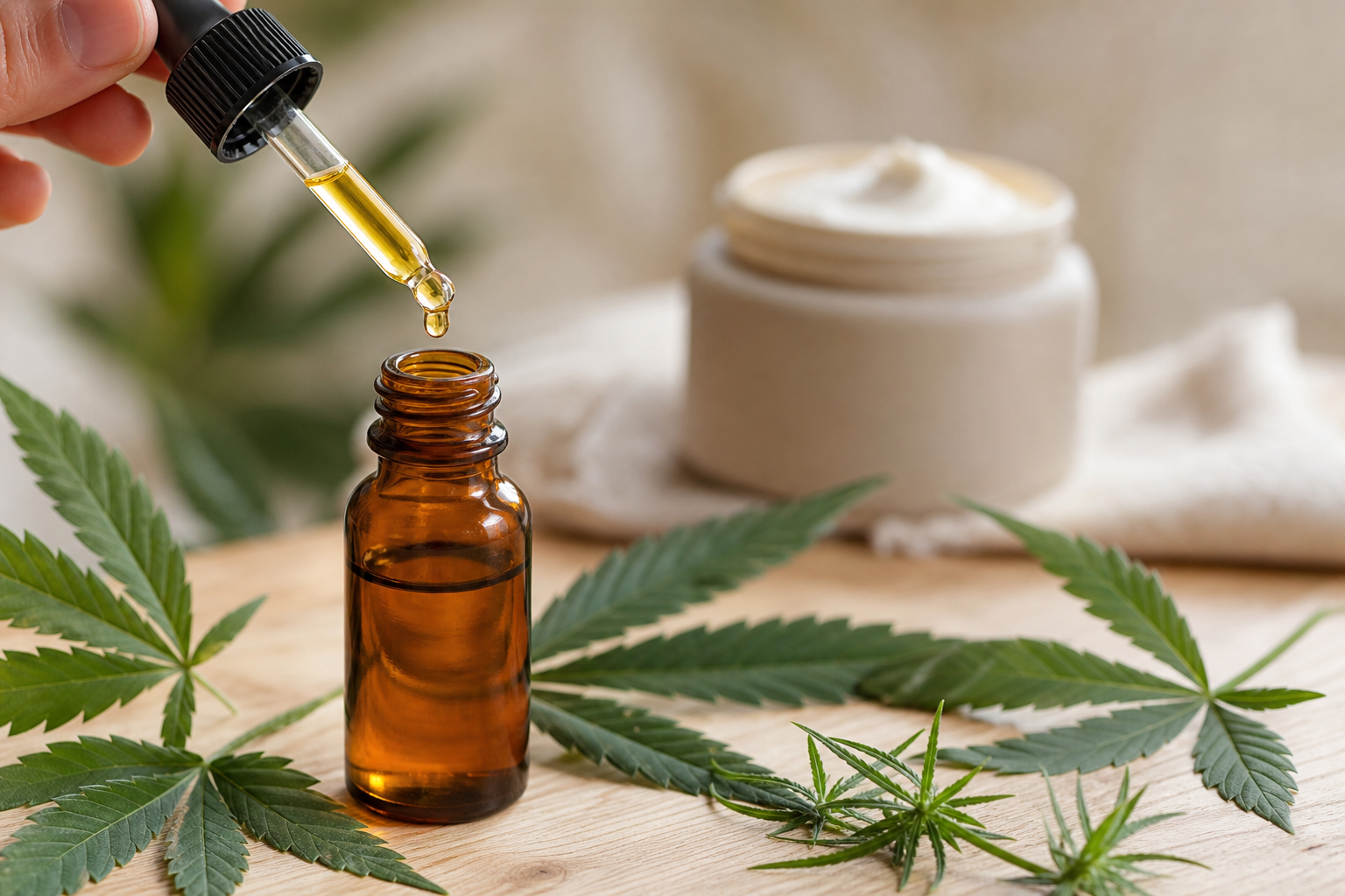 CBD oil dropper dispensing oil, hemp leaves and pain cream visible