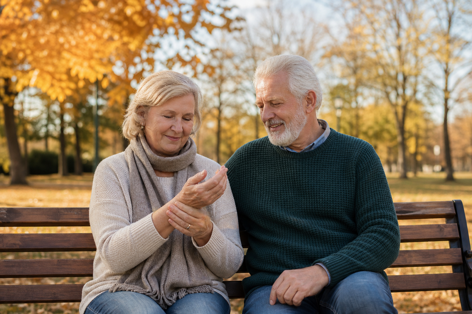 Senior couple applying CBD cream, smiling, autumn park background
