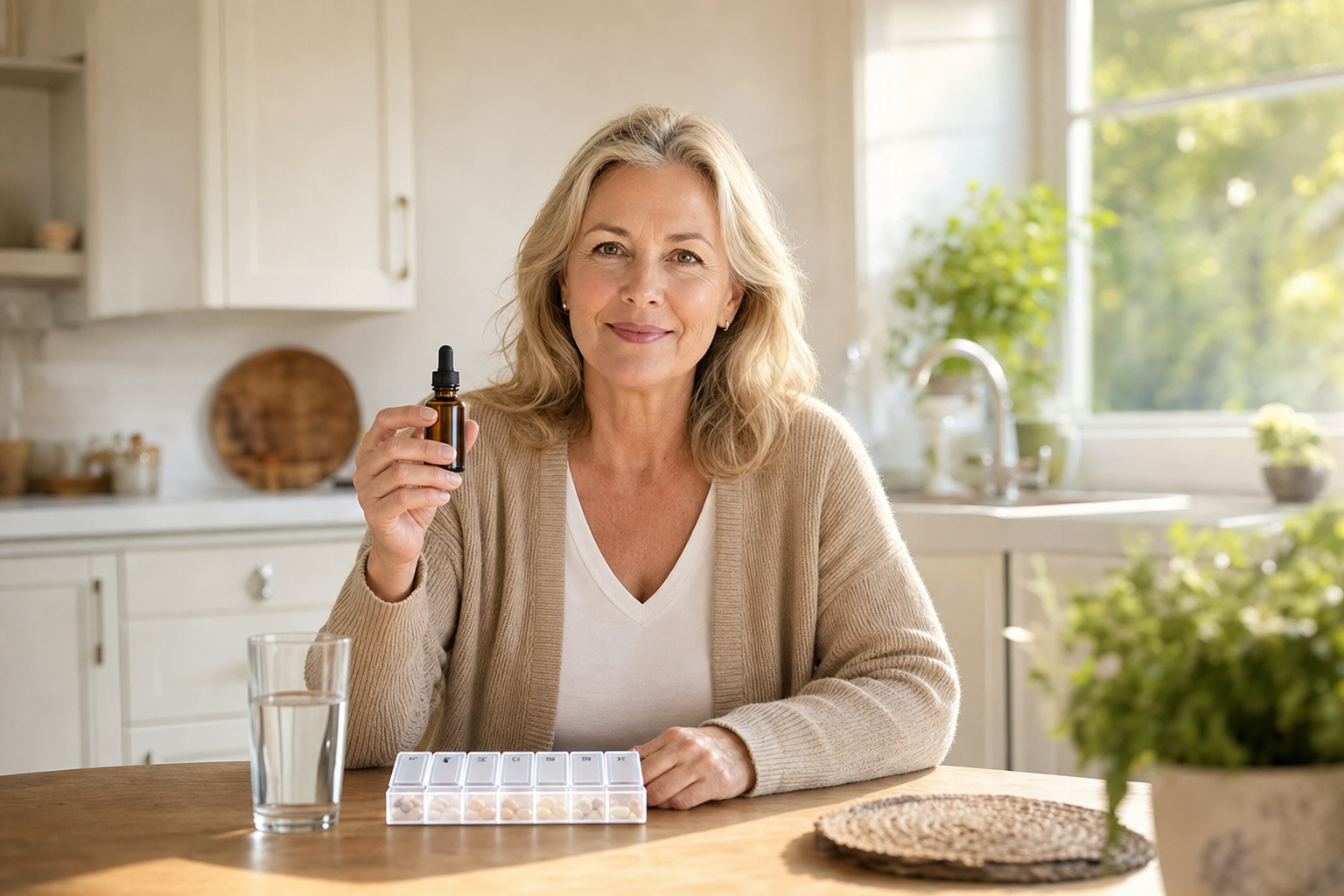 Woman sitting at kitchen table with CBD oil and pill organizer.