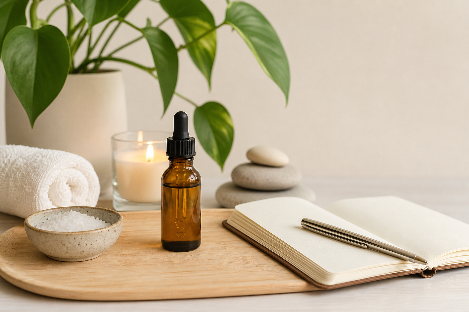 CBD oil bottle on tray with wellness accessories and plant.