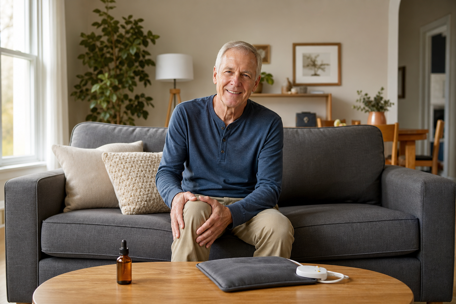 Senior man with knee pain, CBD oil, and heating pad on coffee table.