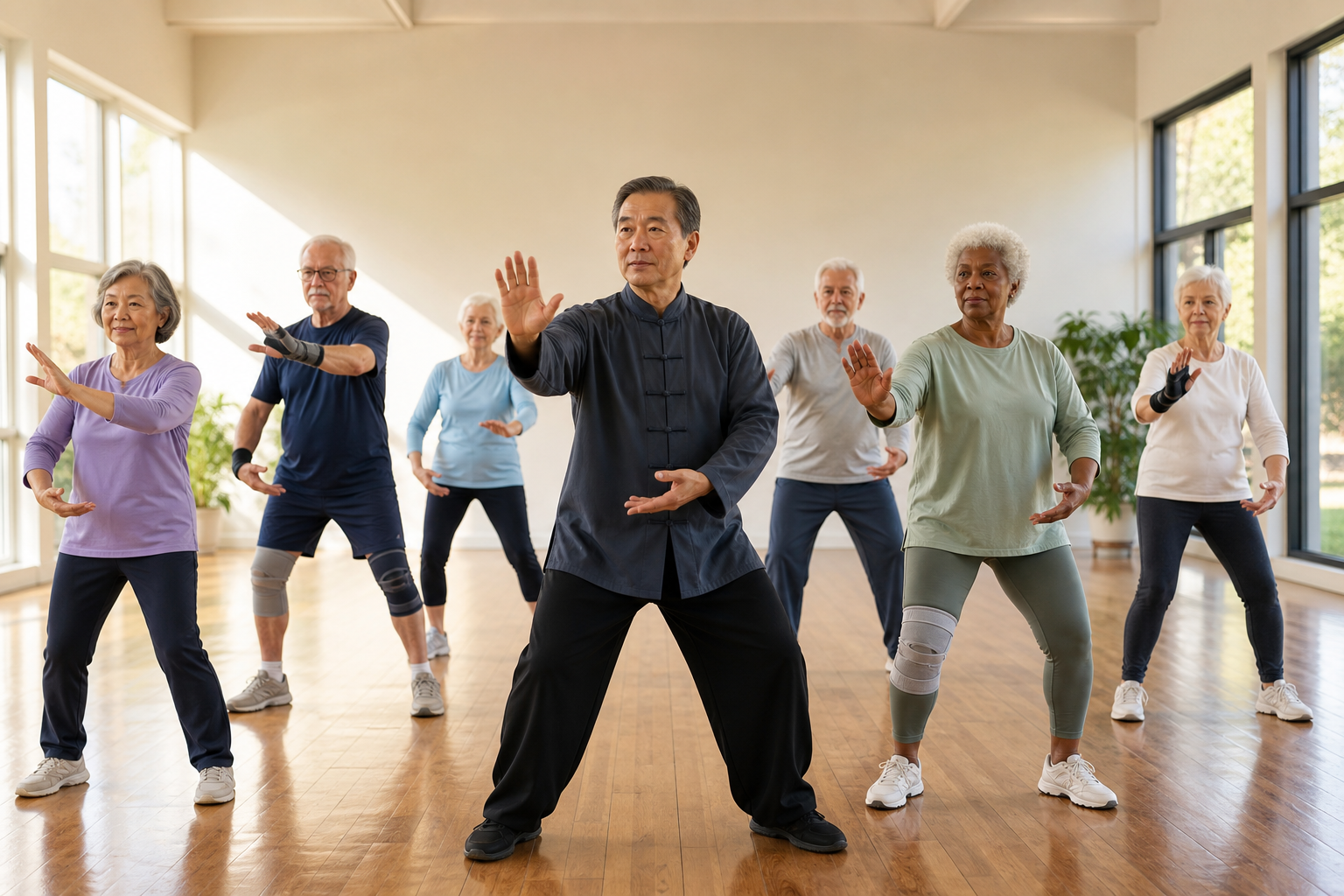 Seniors doing tai chi in a bright room, some wearing knee supports.
