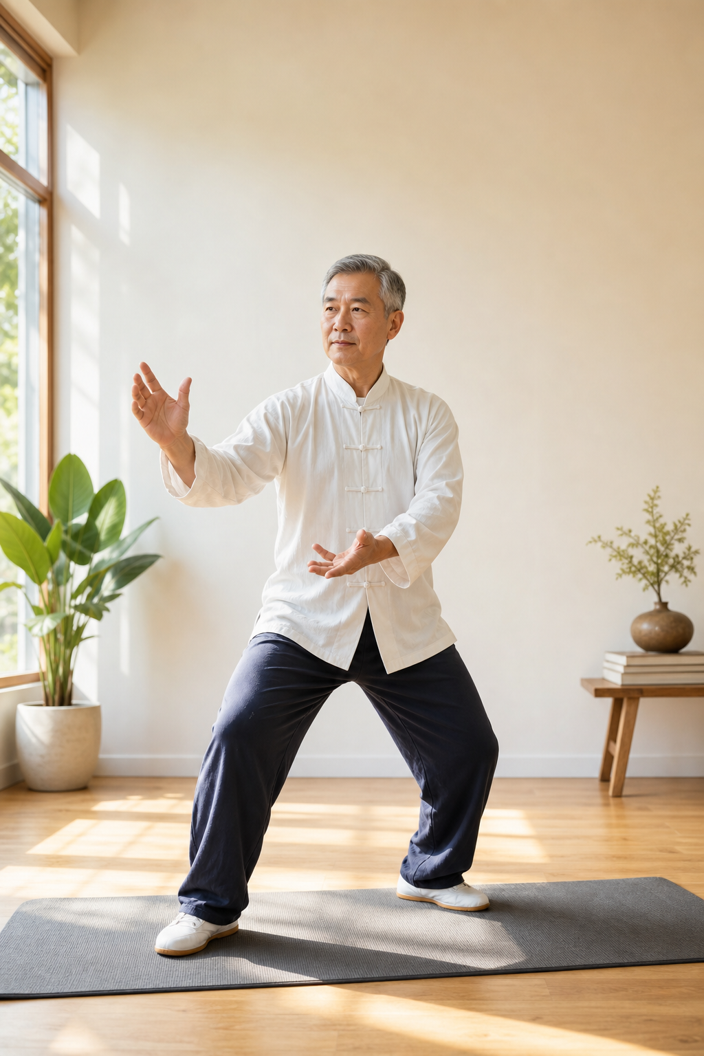 Older hands and knees in tai chi pose, relaxed joints in sunlight.