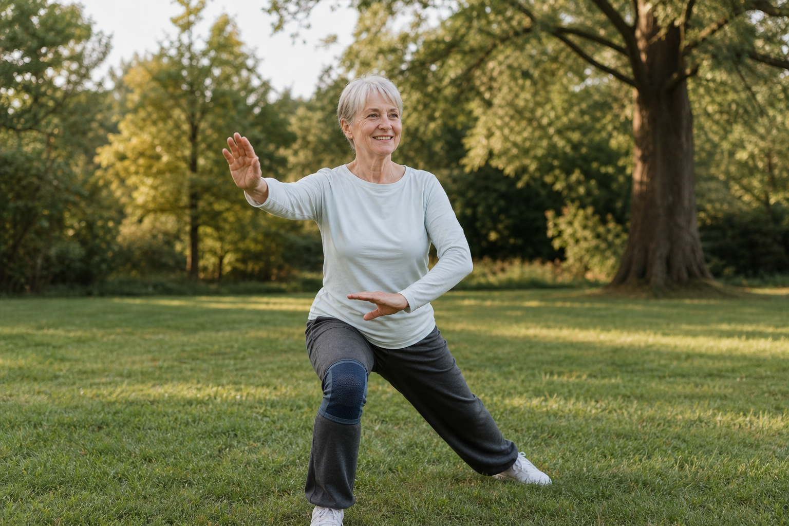 Woman with knee brace practicing tai chi outside on grass.