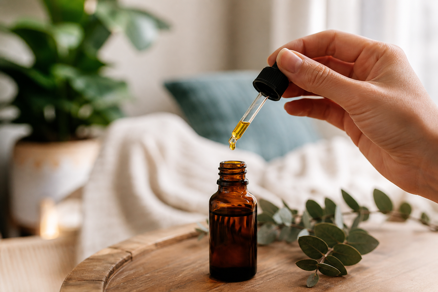 CBD oil dropper and bottle in cozy home setting