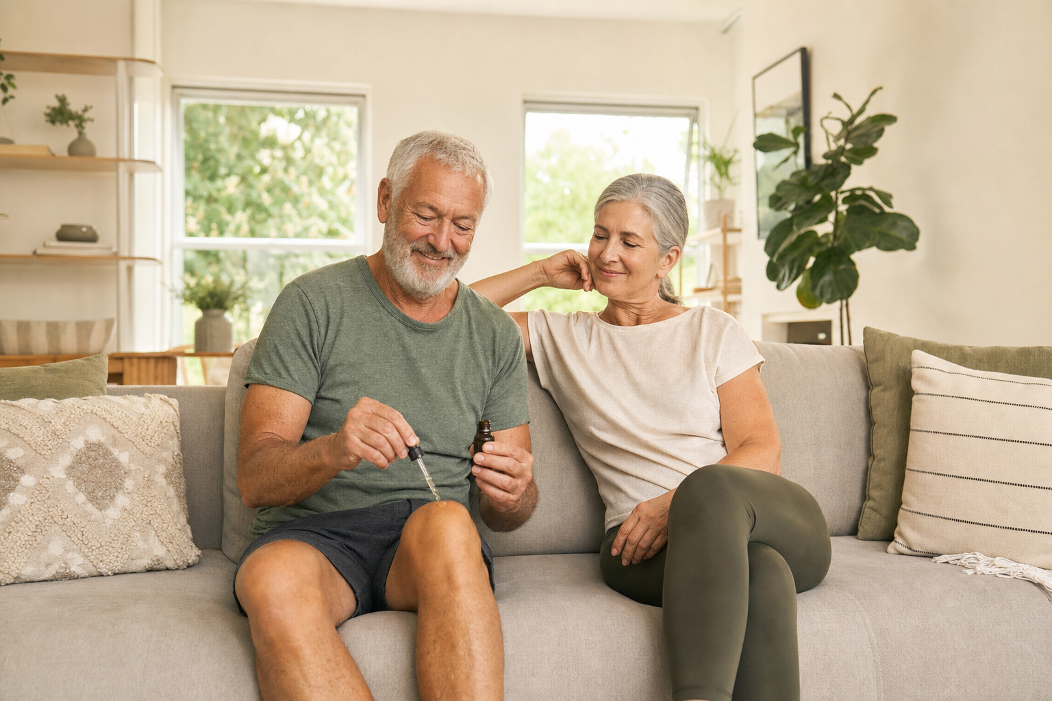 Senior applying CBD oil to knee while relaxing