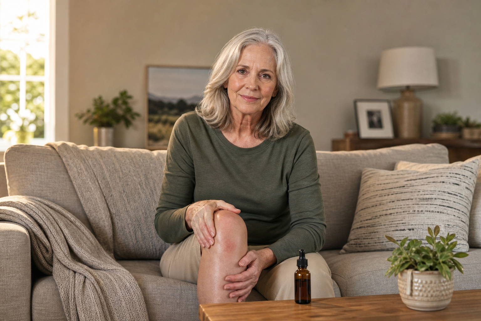 Older woman rubbing knee with CBD oil on table