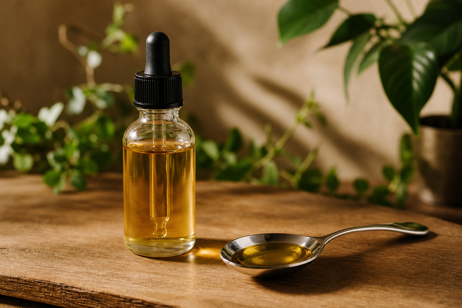 CBD oil dropper and golden oil on table with green background
