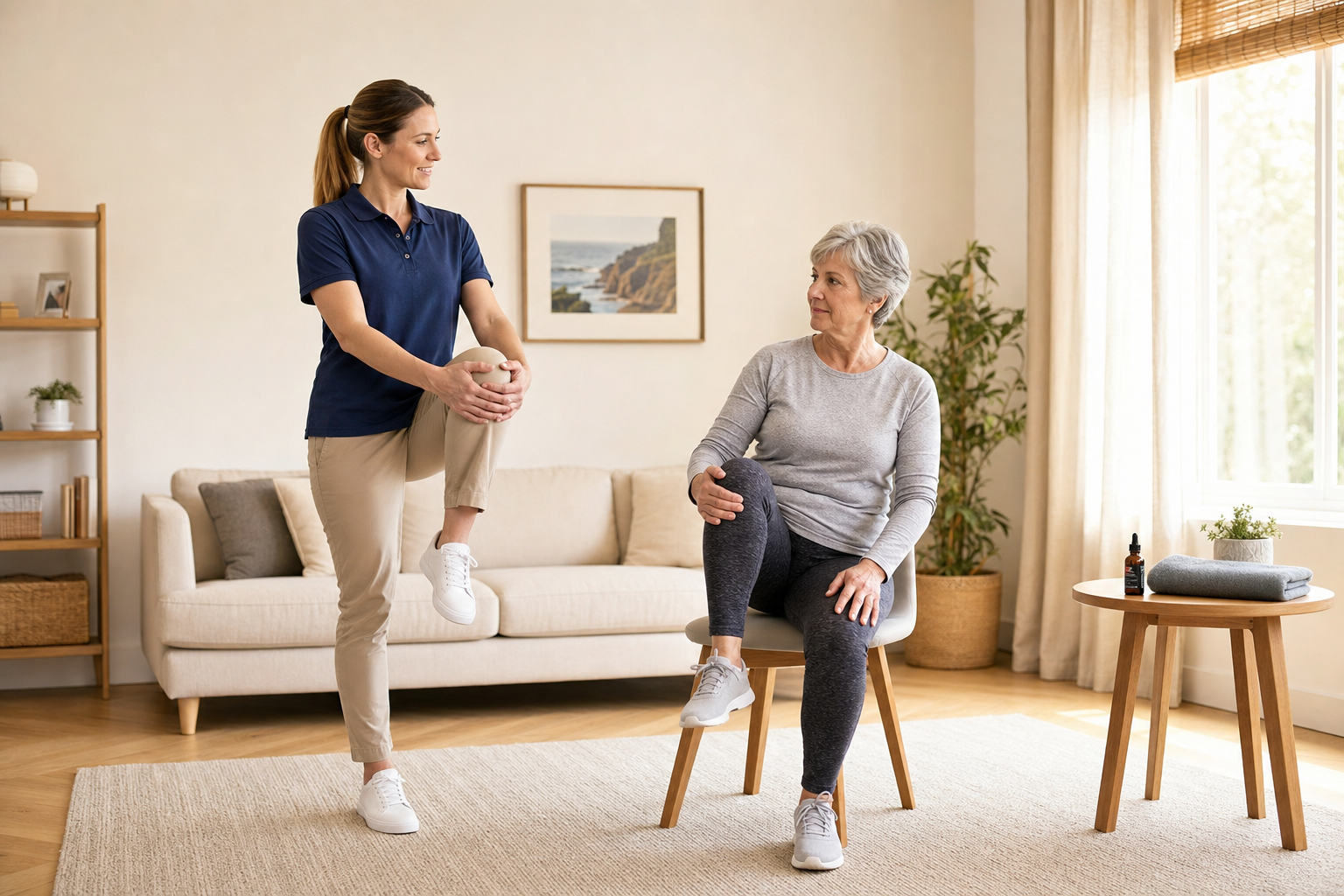 Therapist teaching knee pain exercise with CBD oil and heating pad in view
