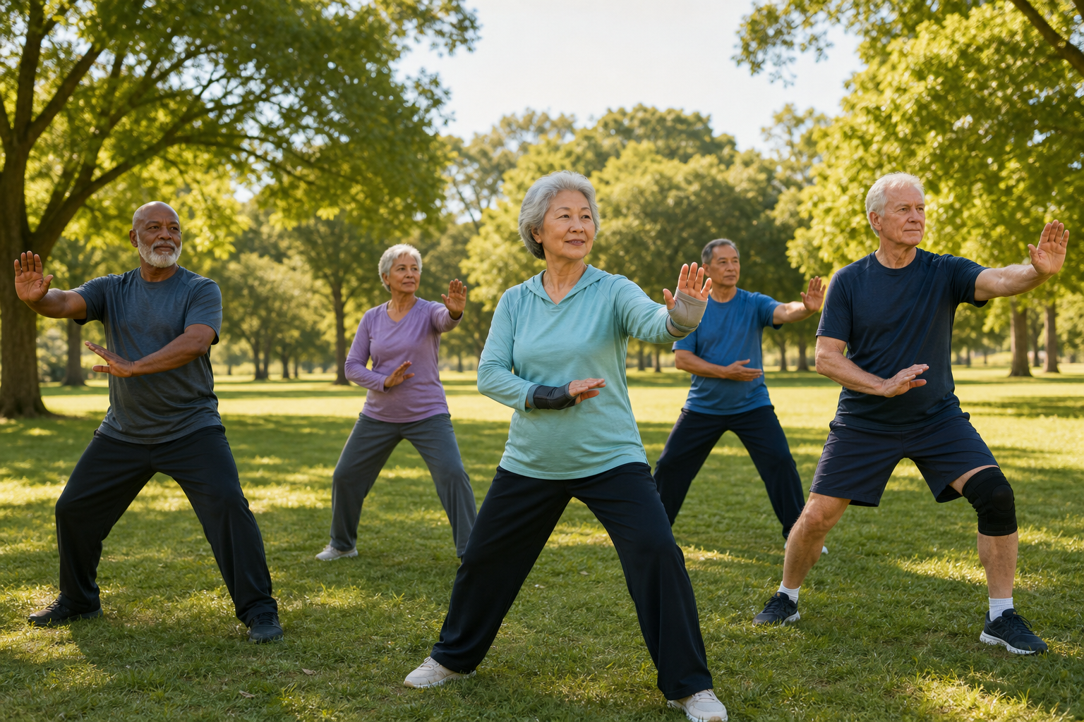 Older adults doing tai chi in a sunny park, showing good posture and joint support