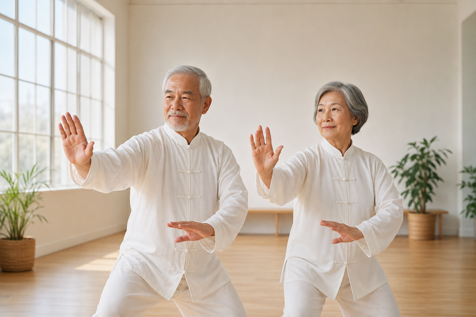 Senior man and woman practicing tai chi poses in a bright studio