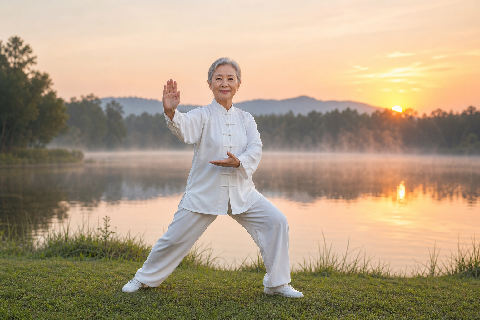 Elderly woman practicing tai chi by a lake at sunrise, looking calm and balanced