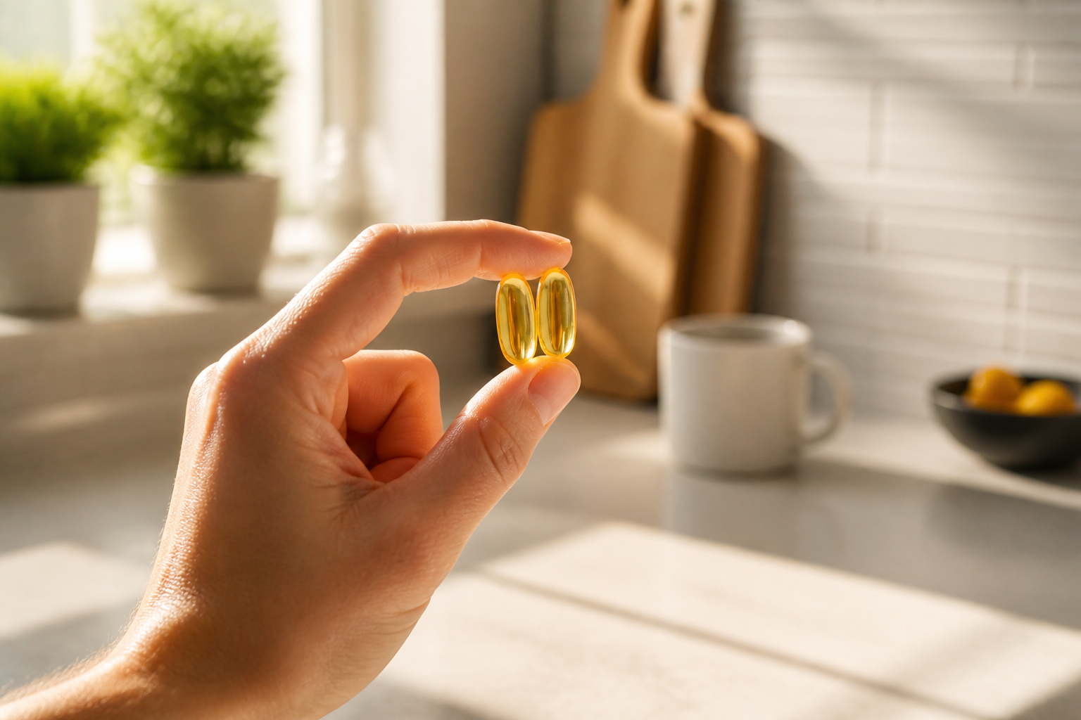 Hand holding fish oil capsules for arthritis pain