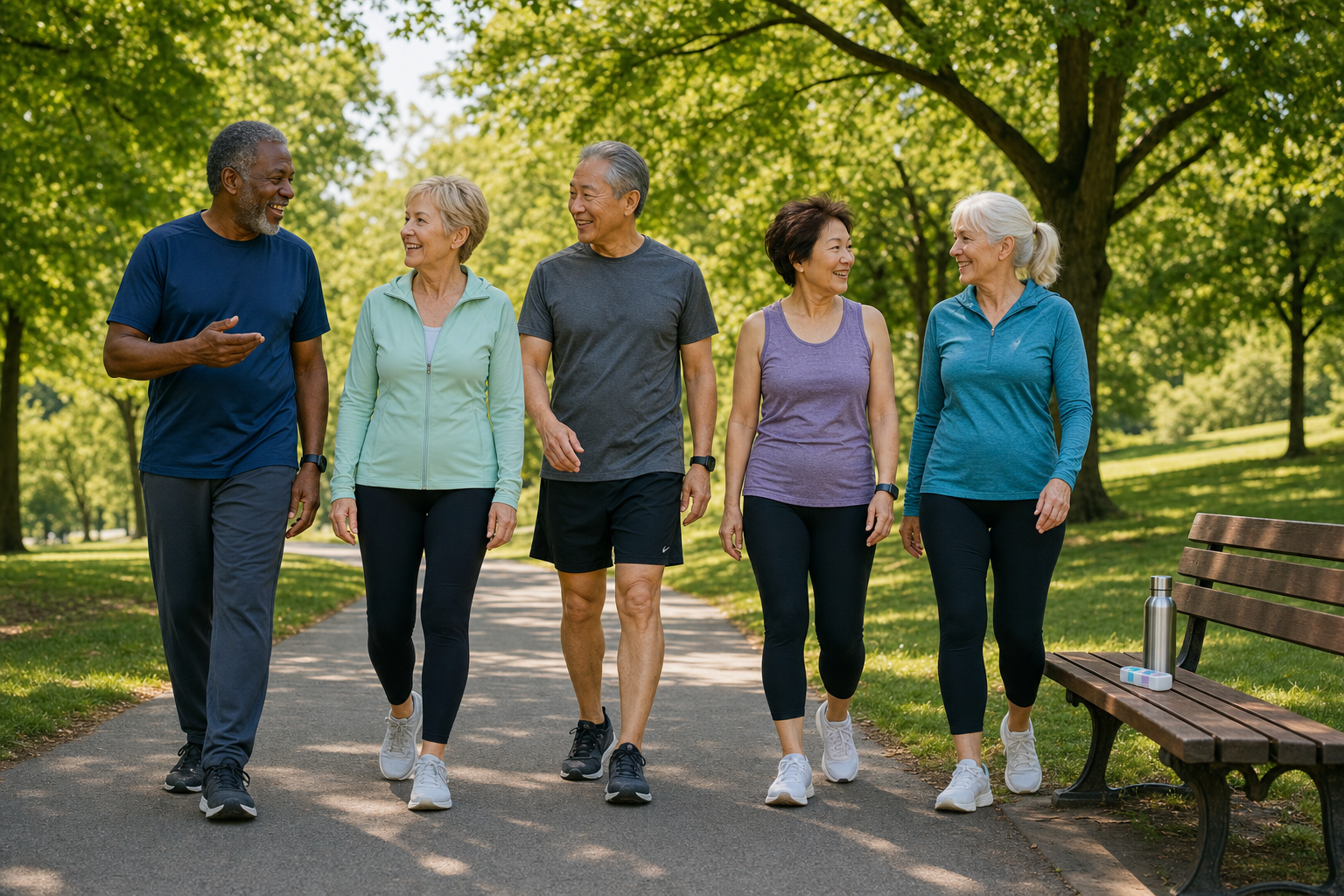 Older adults walking for joint health with pill case
