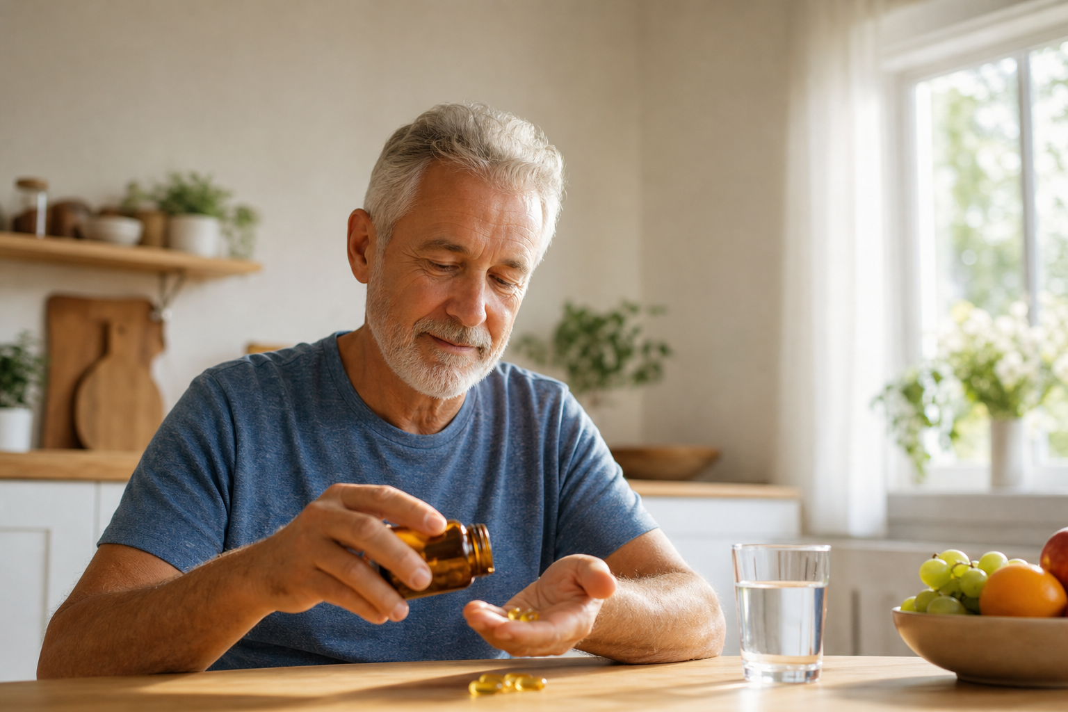Senior man opening a bottle of fish oil capsules for arthritis relief