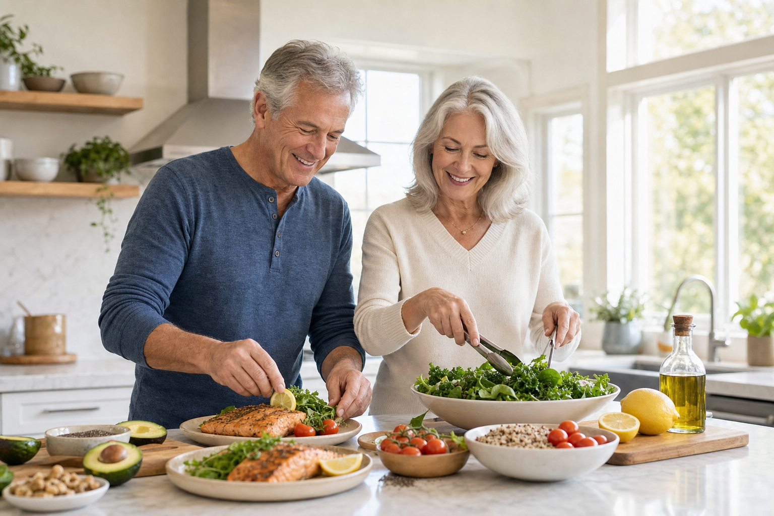 Senior couple preparing salmon and greens to boost omega-3 for arthritis