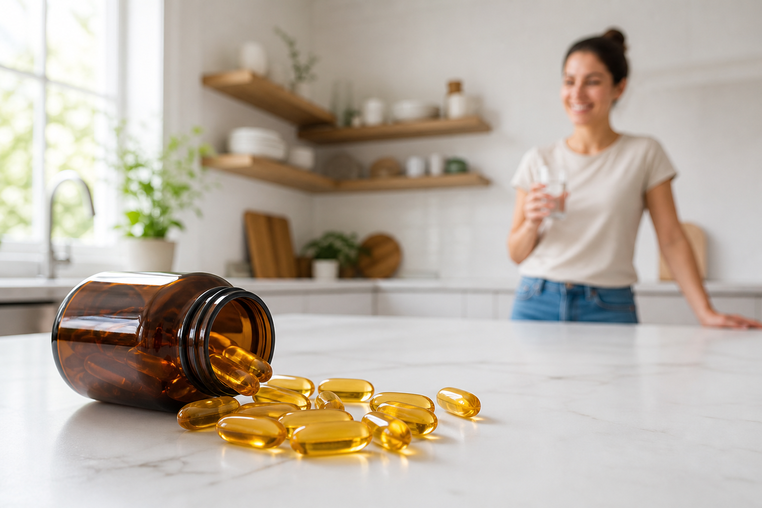 Fish oil capsules spilling from bottle, illustrating dosage for joint health