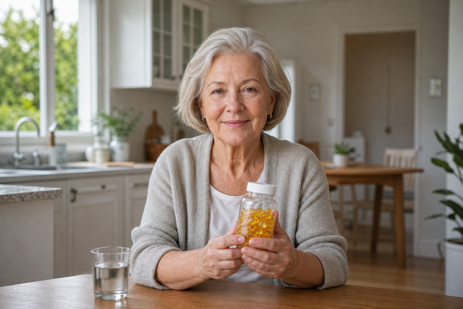 Older adult with arthritis holding fish oil bottle at kitchen table.