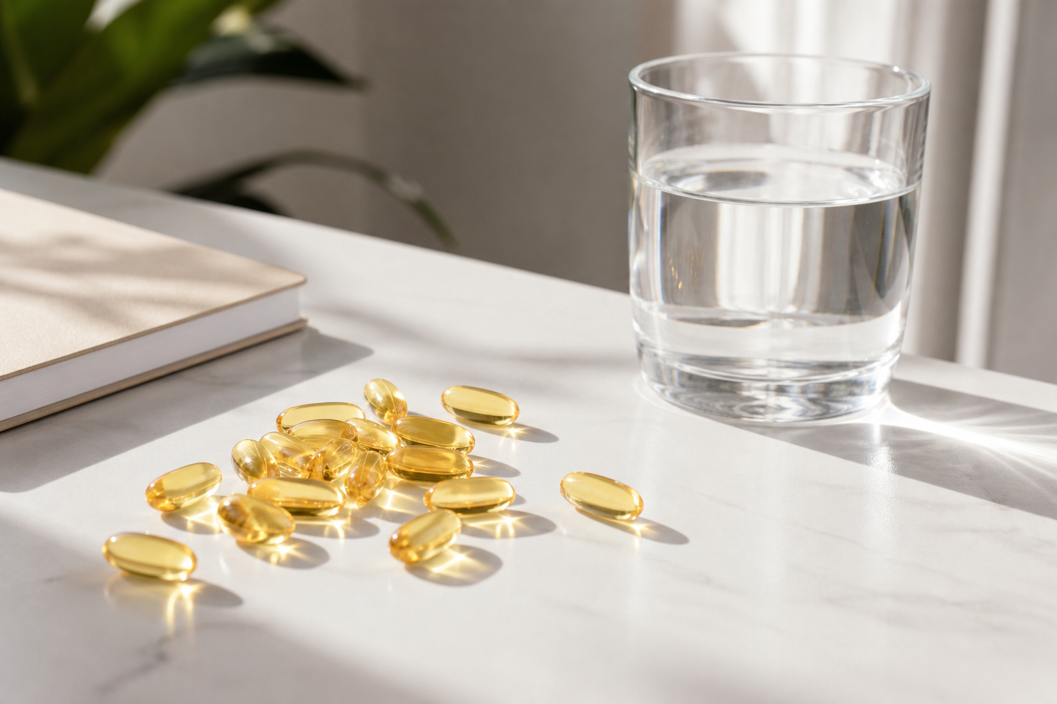 Fish oil capsules for arthritis pain on countertop with water.
