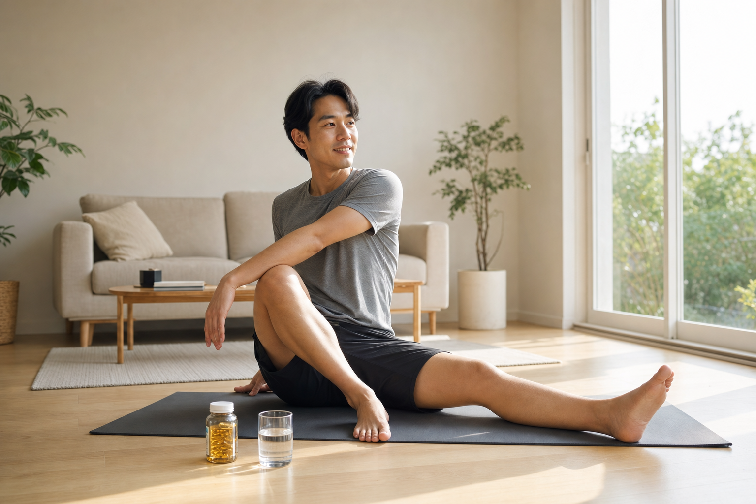 Person stretching with fish oil supplements nearby for joint health.