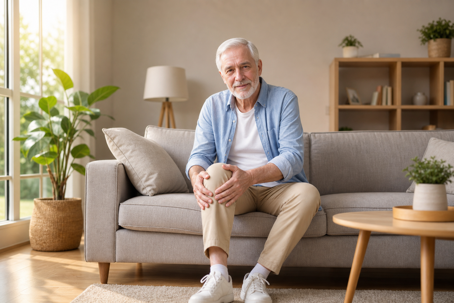 Senior man massaging his knee for bone on bone pain relief at home