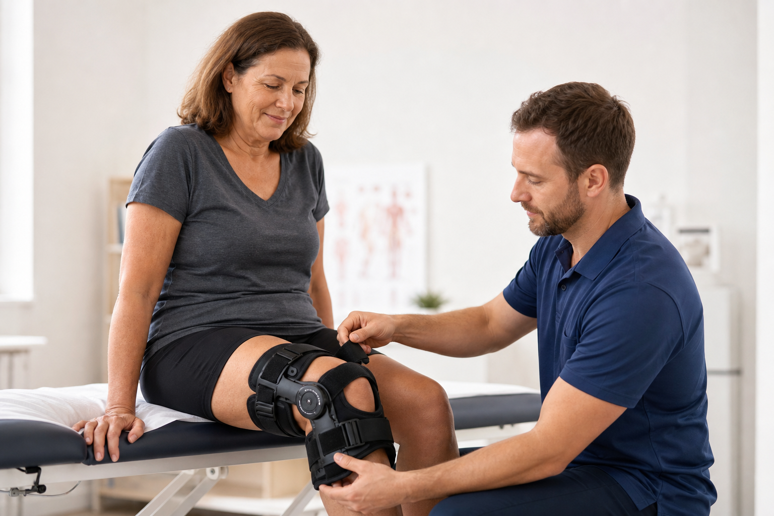 Healthcare professional fitting a knee brace on a patient for bone on bone knee pain