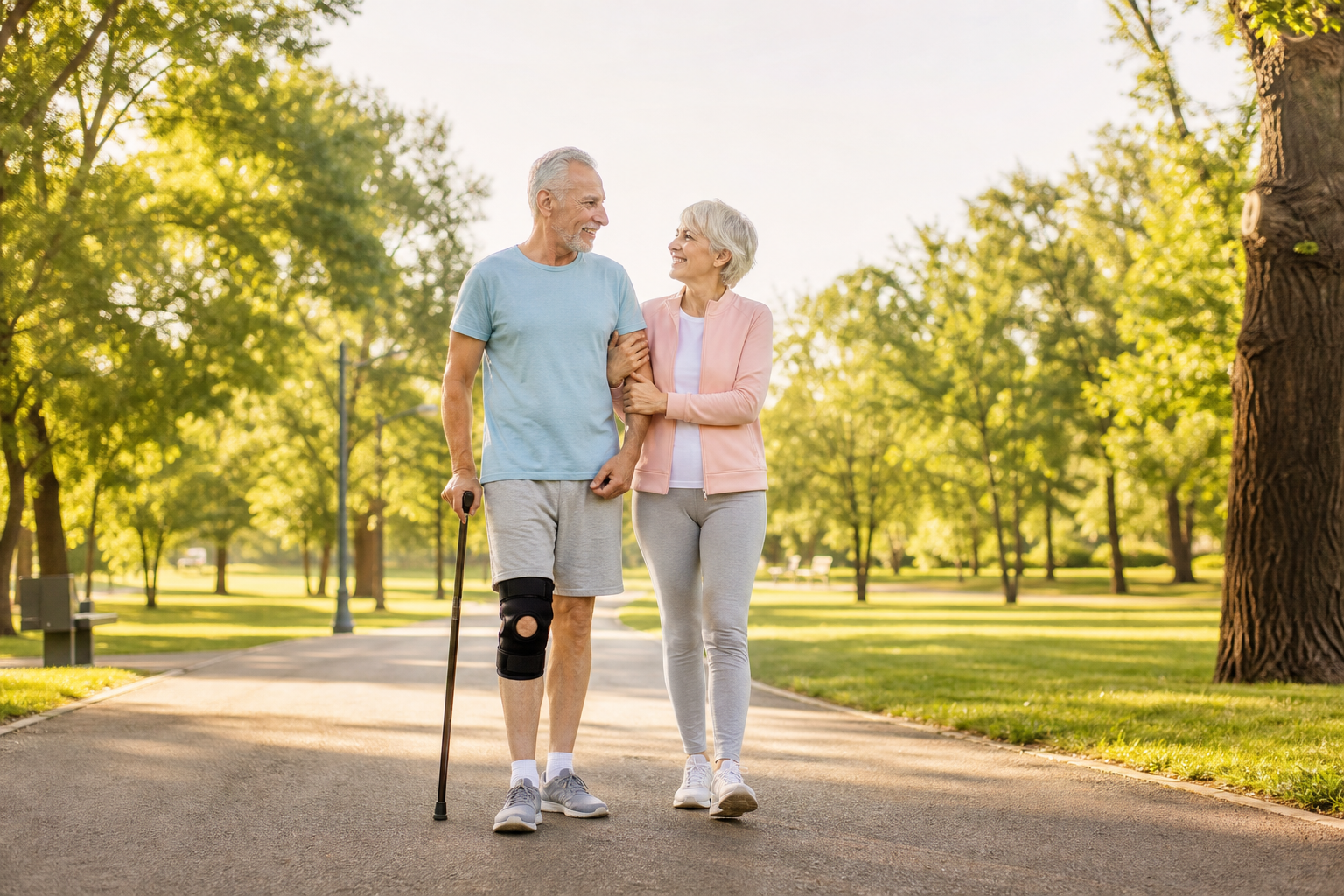 Older couple walking in park, man using knee brace and cane for bone on bone knee pain