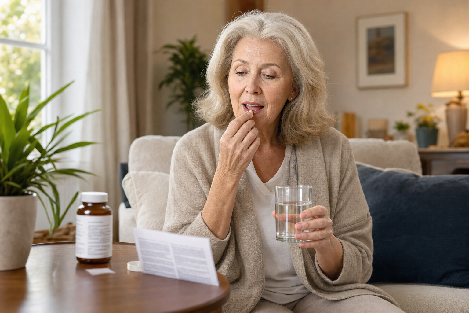 Senior woman taking hyaluronic acid supplement for knee pain at home