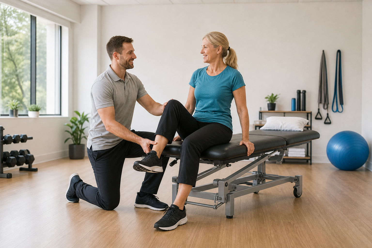 Physical therapist and client doing knee exercises in clinic