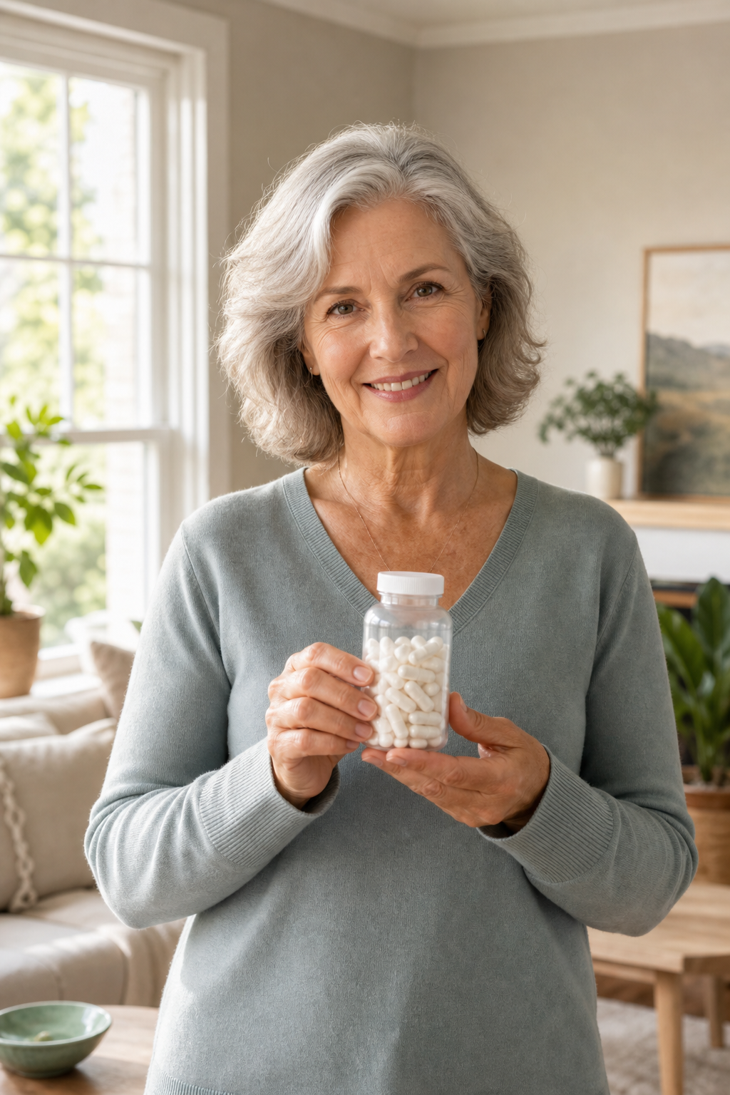 Older adult holds hyaluronic acid supplement bottle near window