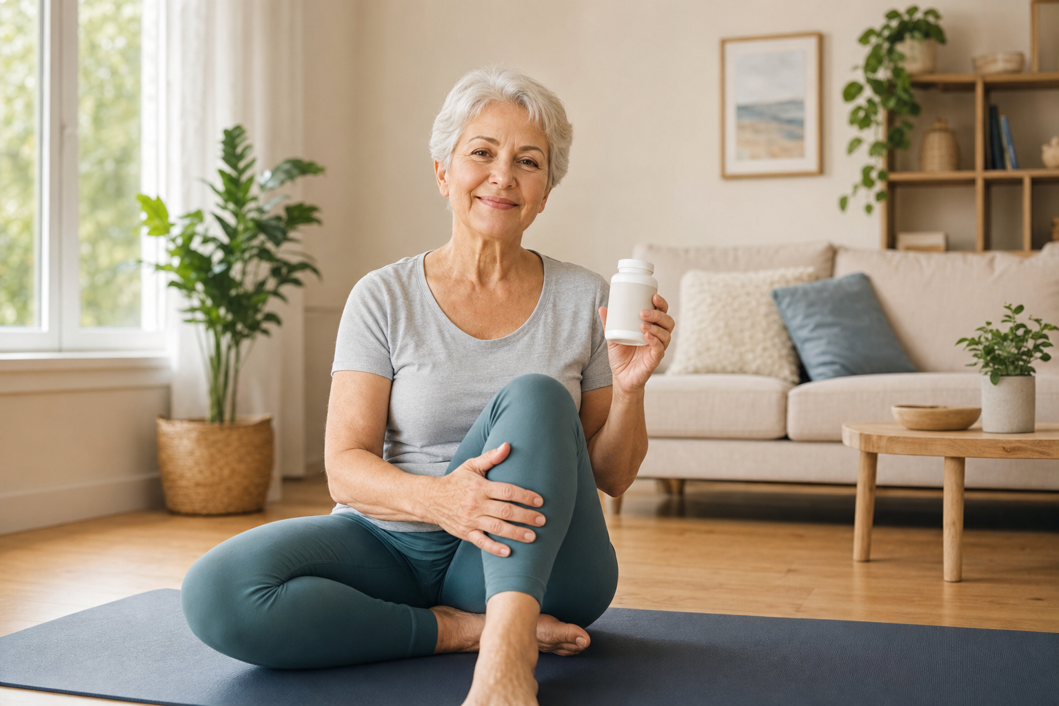 Older adult massages knee with supplement bottle on yoga mat