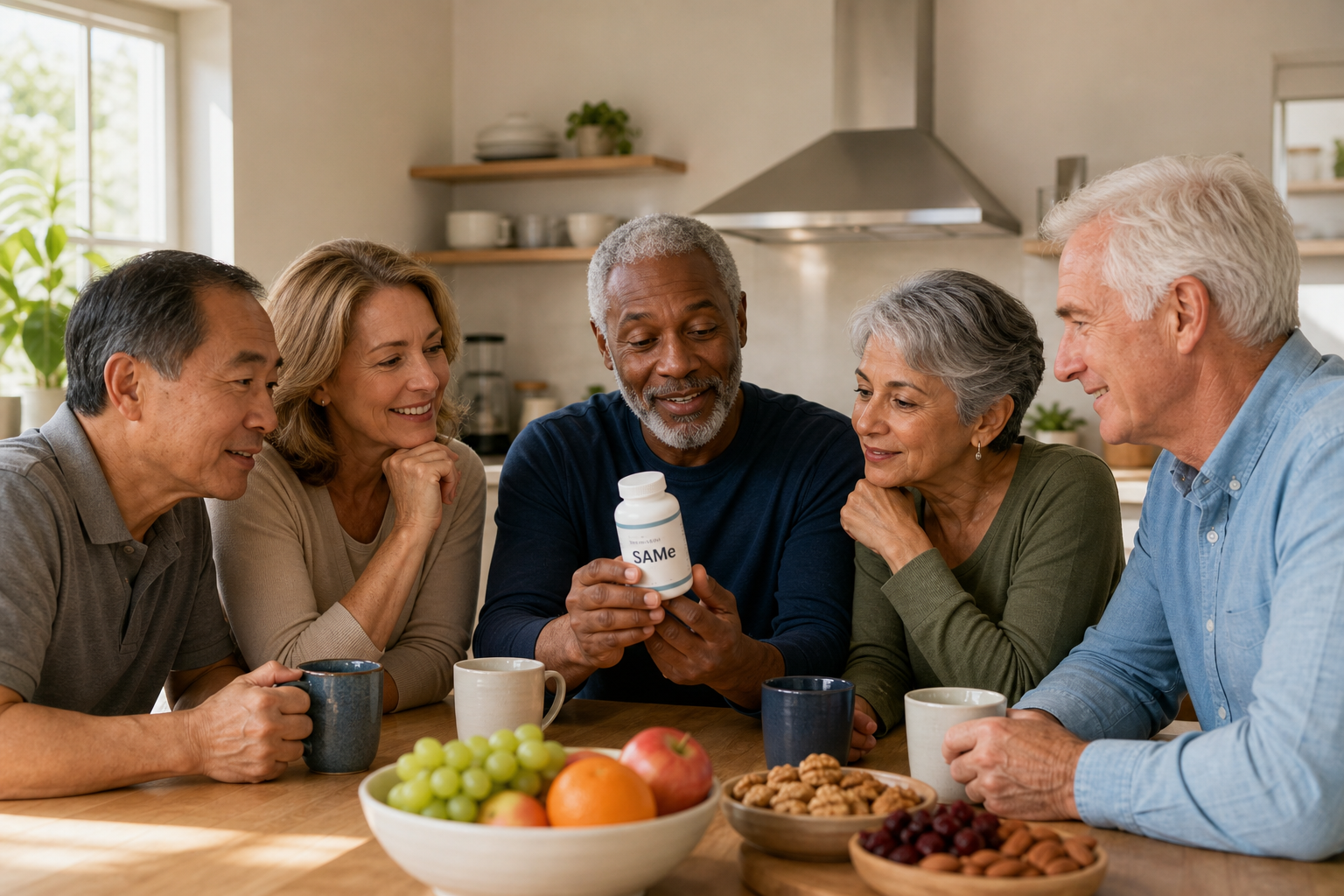 Older adults discussing SAMe supplement at a kitchen table