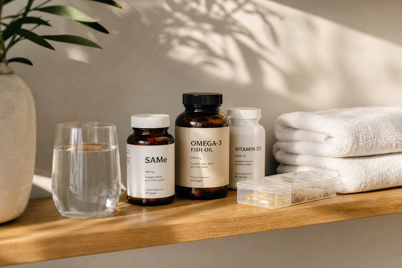 SAMe supplement bottle on bathroom shelf with water and pill organizer