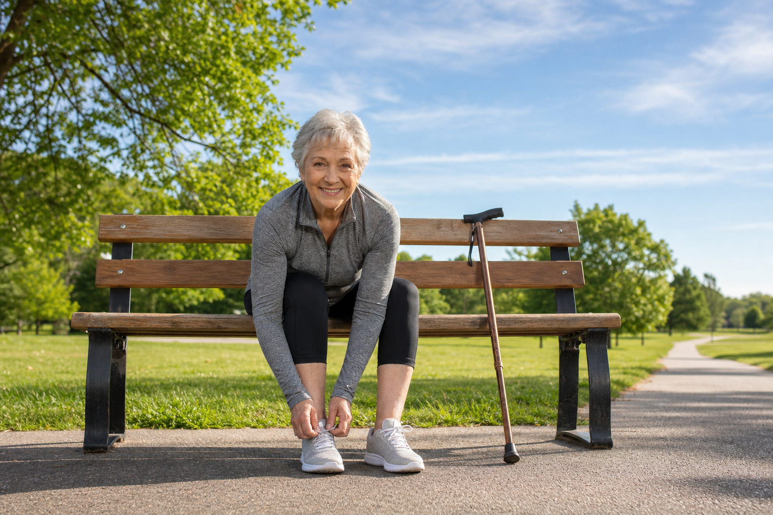 Senior woman with cane preparing for a walk in the park