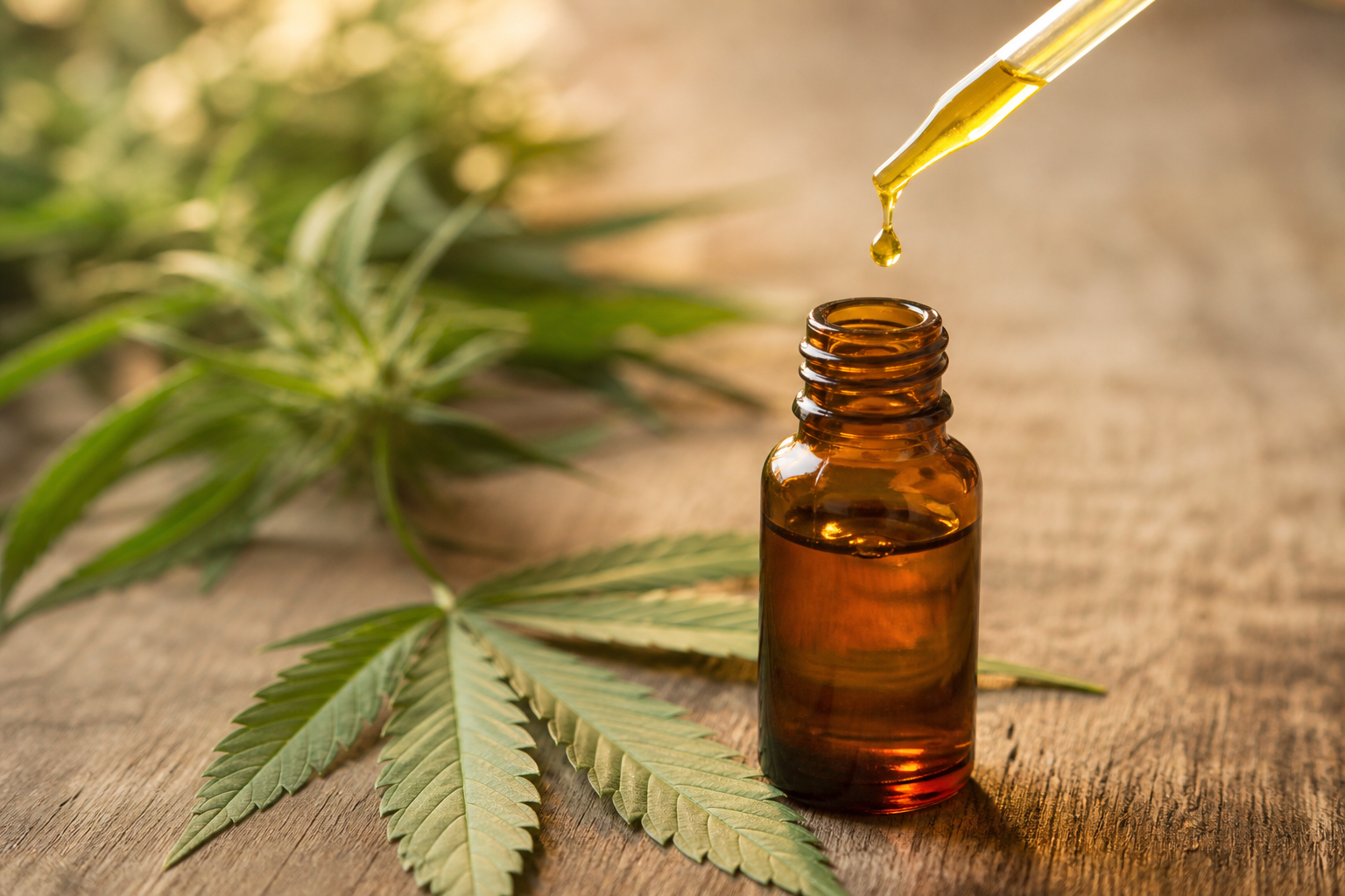 Dropper with CBD oil and hemp leaves for joint pain