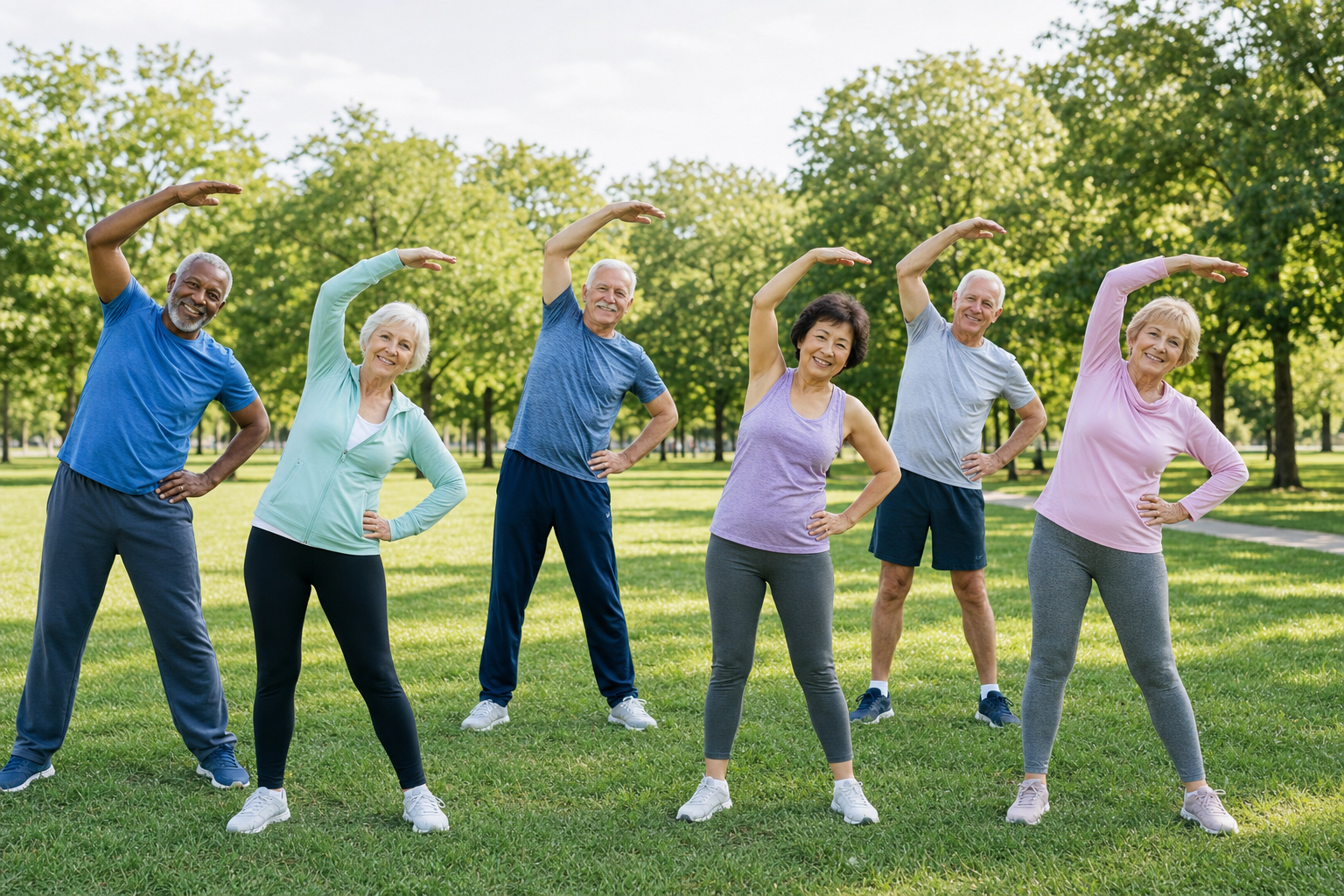 Seniors stretching outdoors, showing active lifestyle with joint relief