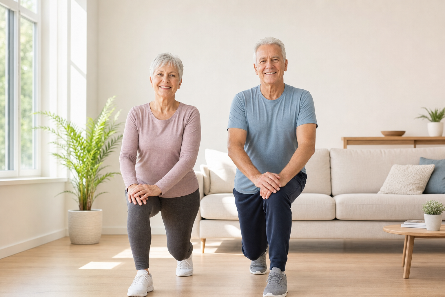 Senior couple stretching in living room for arthritis relief