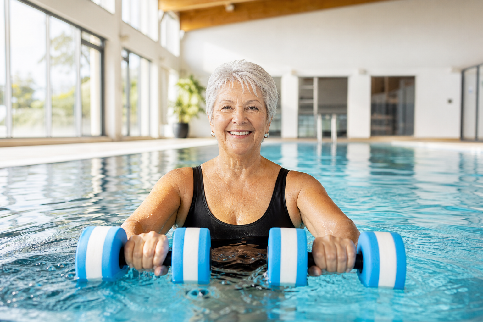 Senior woman using water dumbbells in pool for low impact exercise