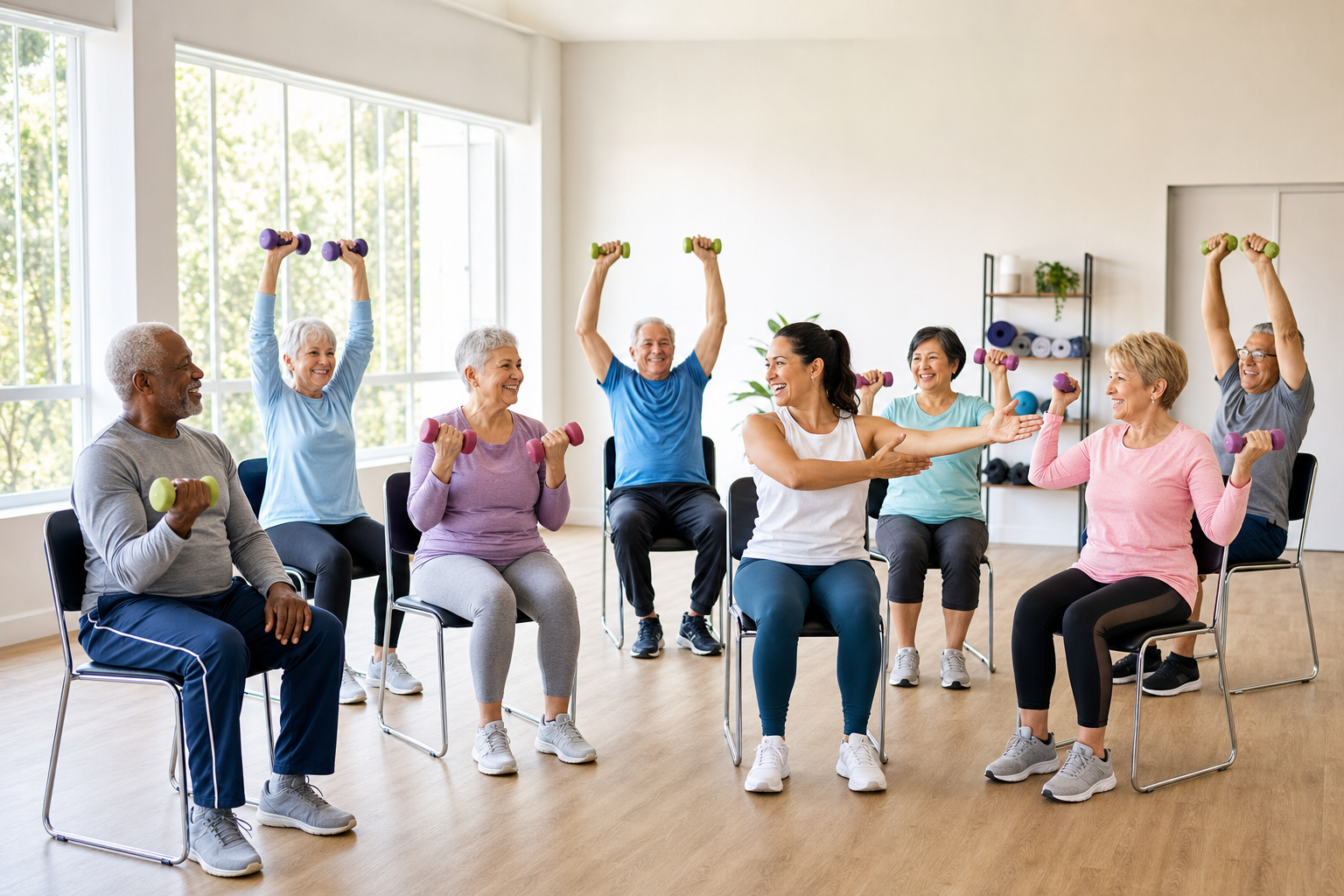 Seniors doing chair exercises with instructor in community center