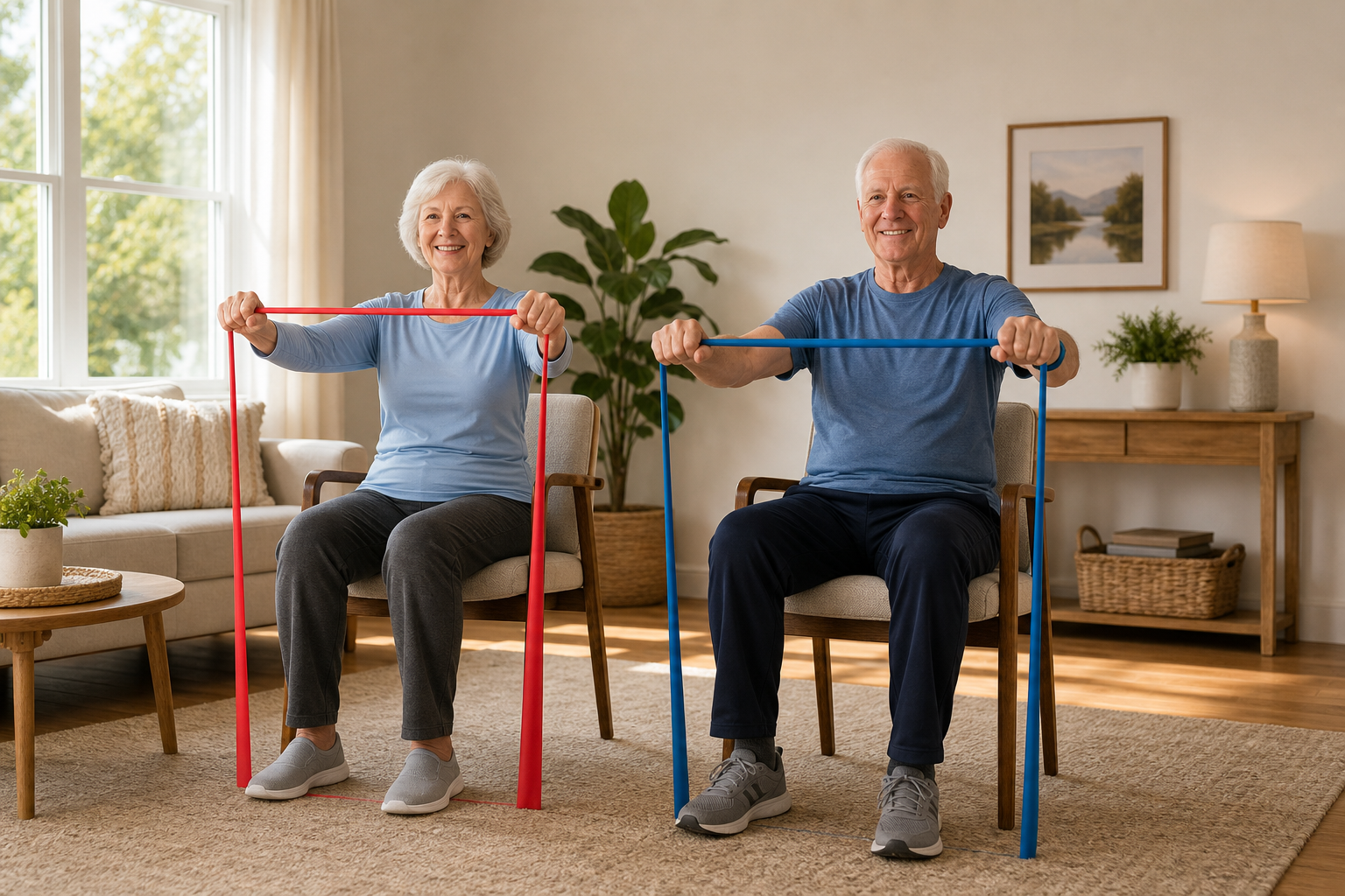 Seniors doing chair exercises with resistance bands in their living room